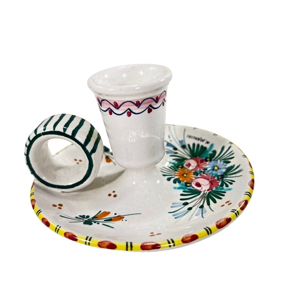 Italian Hand Painted Ceramic Candle Holder Signed N Mancini Floral Handle